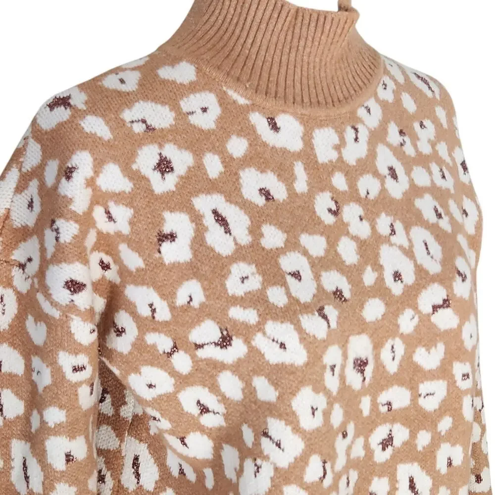 🐆 LOFT Leopard Print Mock Neck Sweater | Tan & White Metallic Accent | Size M